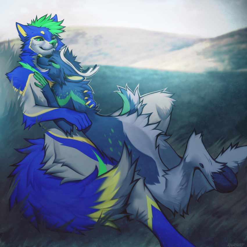 1:1 absurd_res angiewolf anthro blue_body blue_fur digital_media_(artwork) duo eyes_closed female fur grass green_body green_fur hi_res hill male mammal multicolored_body multicolored_fur plant smile yellow_body yellow_fur