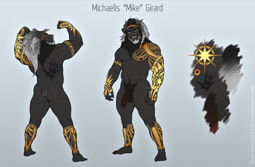2022 abs absurd_res anthro balls beard biceps braided_hair butt chest_tuft claws facial_hair felid flaccid flexing foreskin genitals grey_body hair hi_res humanoid_genitalia lion long_hair looking_at_viewer looking_away male mammal mane mickey_the_retriever model_sheet muscular muscular_anthro muscular_male navel neck_tuft nipples nude orange_eyes pantherine pecs penis pubes simple_background solo standing tattoo tuft vein veiny_penis white_hair