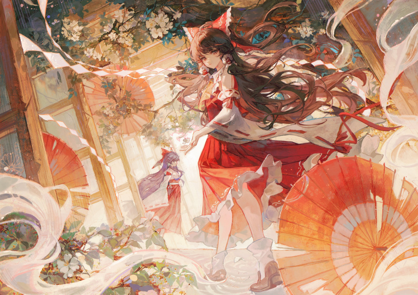 2girls absurdres ascot bangs bare_shoulders bow brown_eyes brown_footwear brown_hair collared_dress detached_sleeves dress dual_persona flower frilled_hair_tubes frills hair_bow hair_ornament hair_tubes hakurei_reimu hakurei_reimu_(pc-98) highres japanese_clothes long_hair long_sleeves maccha_(mochancc) miko multiple_girls nontraditional_miko oil-paper_umbrella purple_eyes purple_hair red_bow red_dress red_skirt ribbon-trimmed_sleeves ribbon_trim shoes short_hair sidelocks skirt socks standing touhou touhou_(pc-98) umbrella white_flower white_sleeves white_socks wide_sleeves yellow_ascot