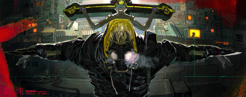 1boy bandages between_fingers black_jacket blindfold building caiman_(dorohedoro) character_request city clenched_teeth copyright_name cross dorohedoro dual_wielding facing_viewer fence gas_mask glowing hands_up heart highres holding holding_knife holding_weapon hood hooded_jacket horns jacket kikurage_(dorohedoro) knife lizardman mask nano_(c175311) nude oni_horns outdoors outstretched_arms pointy_ears poster_(object) solo_focus spikes spread_arms stairs steam teeth two-sided_fabric upper_body w_arms weapon