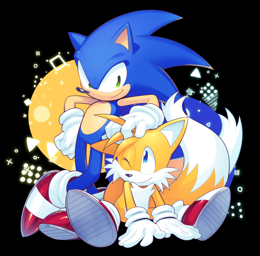 2boys animal_ears blue_eyes drawloverlala fox gloves green_eyes hand_on_another's_head highres male_focus multiple_boys multiple_tails one_eye_closed quill sega shoes smile sneakers sonic_(series) sonic_the_hedgehog tail tails_(sonic) two_tails white_gloves