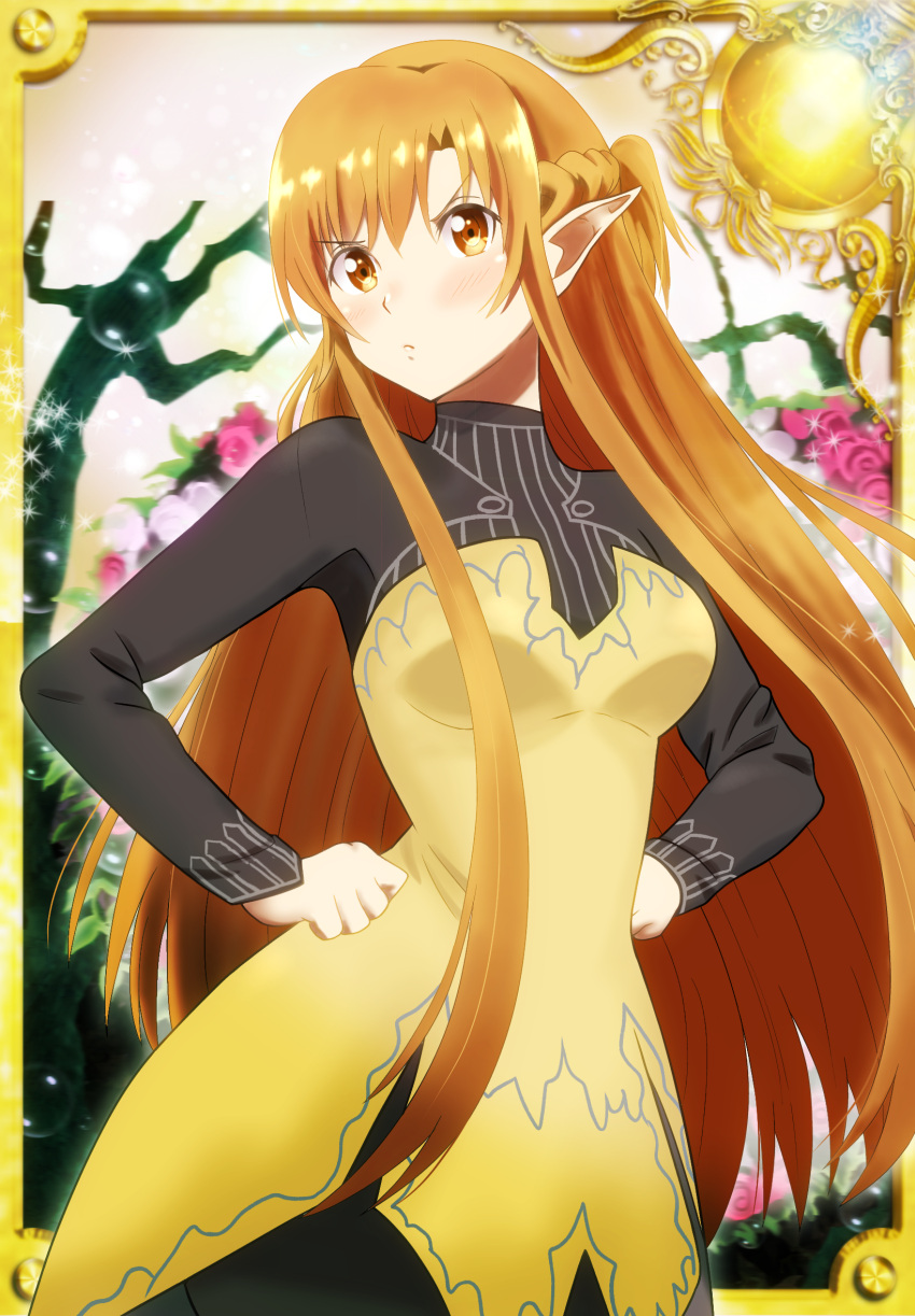 asukamama89 asuna_(sao) bangs black_shirt blush braid breasts brown_eyes dress elf frown hands_on_hips highres isekai_ojisan large_breasts long_hair long_sleeves looking_at_viewer orange_hair parted_bangs pointy_ears shirt sui_(isekai_ojisan) sword_art_online tomatsu_haruka very_long_hair voice_actor_connection yellow_dress