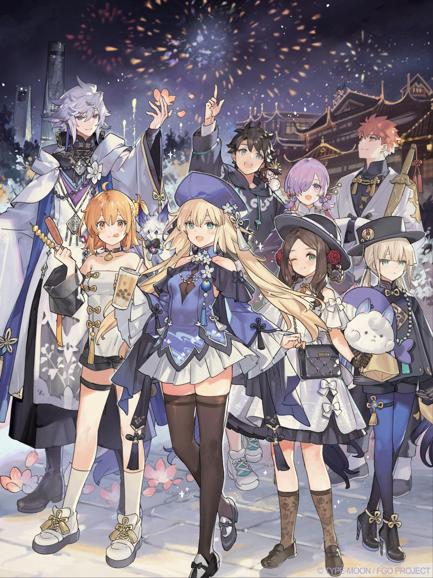 4boys 4girls :q absurdres ahoge artoria_caster_(concept_dress)_(fate) artoria_caster_(fate) artoria_pendragon_(fate) bag black_hair blonde_hair blue_eyes breasts brown_hair dress emiya_shirou fate/grand_order fate_(series) flower food fou_(fate) fujimaru_ritsuka_(female) fujimaru_ritsuka_(male) green_eyes grey_hair hair_ornament hat highres leonardo_da_vinci_(fate) leonardo_da_vinci_(rider)_(fate) long_hair looking_at_viewer mash_kyrielight merlin_(concept_dress)_(fate) merlin_(fate) merlin_prismriver multiple_boys multiple_girls nemo_(fate) official_art one_eye_closed open_mouth orange_eyes orange_hair purple_eyes purple_hair red_hair senji_muramasa_(fate) starshadowmagician thighhighs tongue tongue_out weapon yellow_eyes