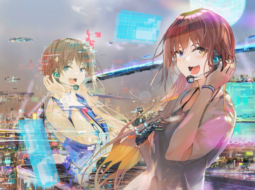 bangs blue_eyes blue_vest bracelet brown_eyes brown_hair commentary_request cropped_vest diamond_hair_ornament dual_persona funi_mu9 headset heterochromia highres hologram hololive jewelry long_hair looking_at_viewer music neck_ribbon open_mouth ribbon shirt singing sleeveless sleeveless_shirt smile tokino_sora upper_body vest virtual_youtuber wrist_cuffs