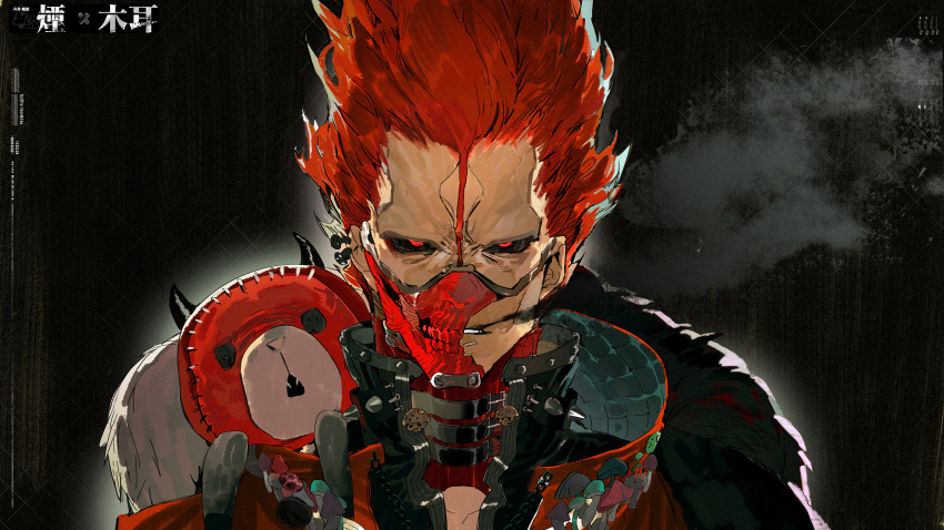 1boy angry animal animal_on_shoulder black_background black_sclera blowing_smoke broken_mask chain colored_sclera dorohedoro earrings en_(dorohedoro) fangs high_collar highres horns jewelry kikurage_(dorohedoro) looking_at_viewer mask multiple_earrings mushroom nano_(c175311) portrait red_eyes respirator scar scar_on_face single_earring smoke solo_focus spiked_hair widow's_peak