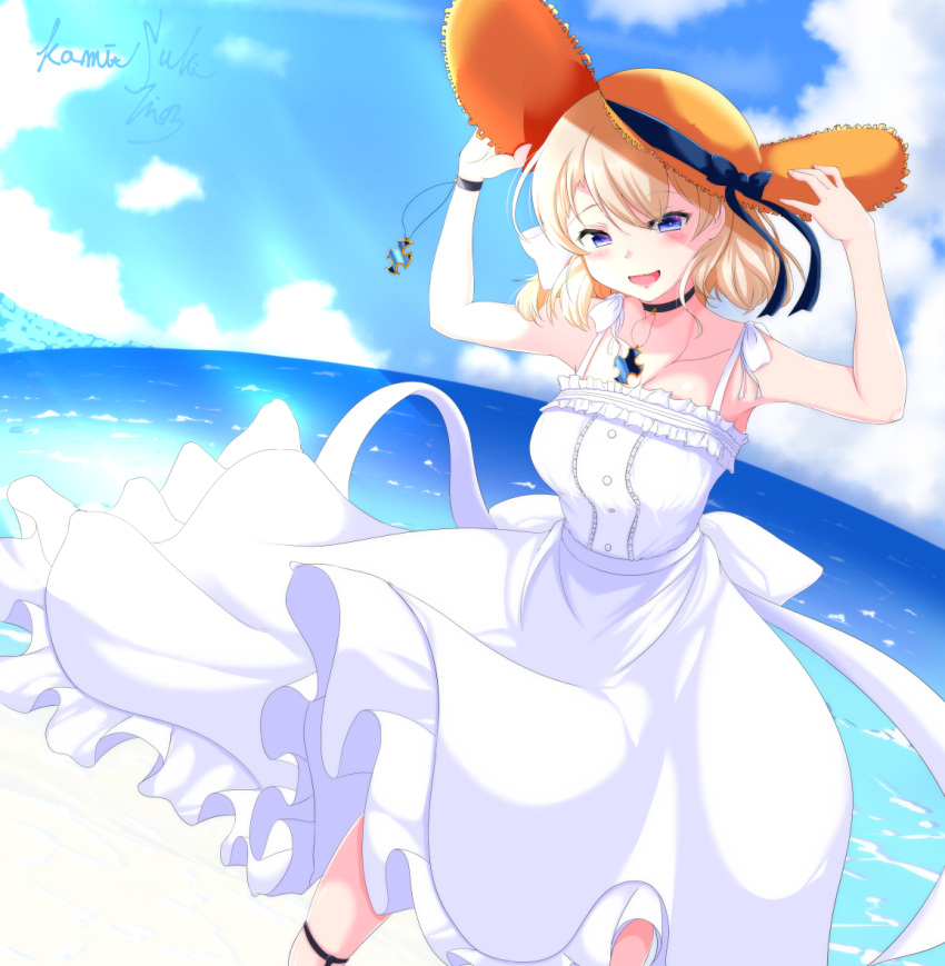 1girl alternate_costume arms_up artist_name azur_lane blonde_hair blue_eyes bracelet choker cross dress frilled_dress frills hat holding holding_clothes holding_hat iron_cross jewelry kamitsuki_shion necklace ocean short_hair sleeveless sleeveless_dress straw_hat sundress white_dress z23_(azur_lane)