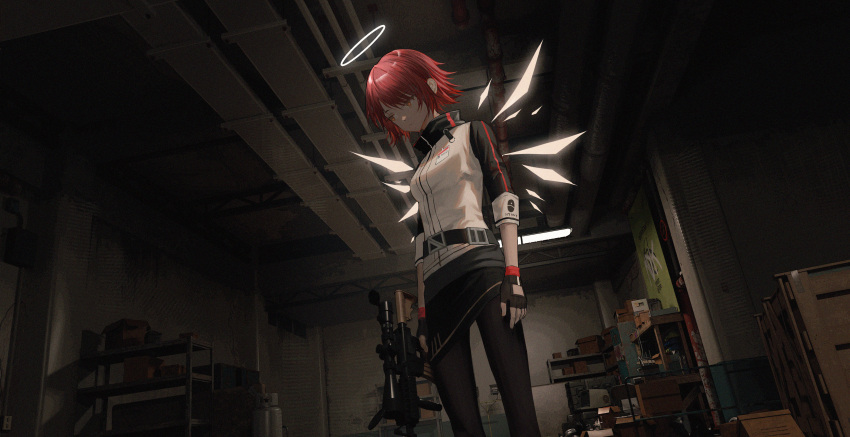 1girl absurdres arknights black_pantyhose black_skirt box cardboard_box closed_mouth detached_wings energy_wings expressionless exusiai_(arknights) fingerless_gloves gloves gun halo highres holding holding_gun holding_weapon homutan_(syjg2733) id_card indoors jacket kriss_vector looking_down orange_eyes pantyhose penguin_logistics_logo red_hair shelf short_hair skirt sniper_scope solo standing submachine_gun weapon white_jacket wings