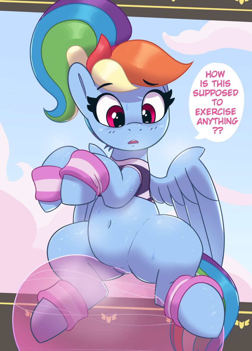 absurd_res alternate_hairstyle balancing ball blue_body blue_feathers bodily_fluids clothing equid equine exercise_ball eyebrows eyelashes feathered_wings feathers female feral friendship_is_magic hair hasbro hi_res looking_down mammal multicolored_hair multicolored_tail my_little_pony navel pabbley pegasus pink_eyes ponytail rainbow_dash_(mlp) rainbow_hair rainbow_tail sweat wings wristband