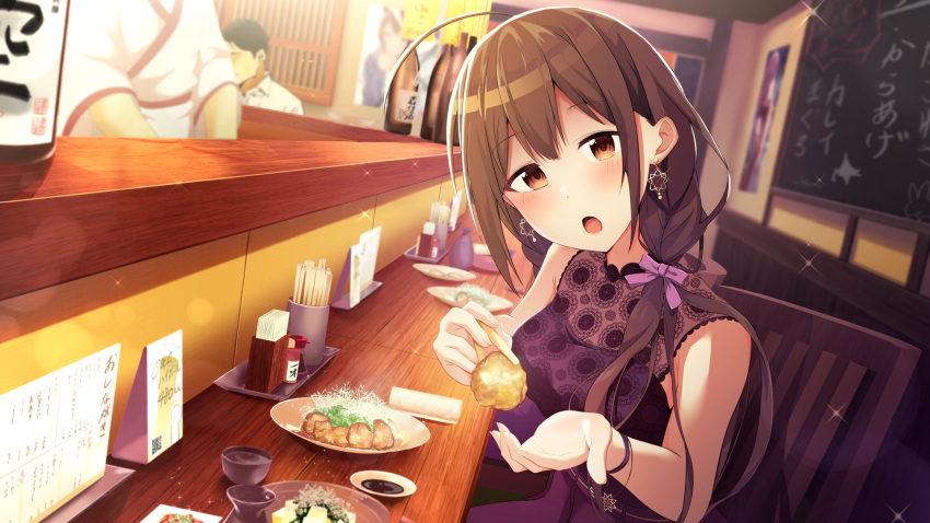 1girl :o ahoge blush bottle braid braided_ponytail breasts brown_hair cac_itinose chalkboard chopsticks earrings fried_chicken hair_ribbon highres holding holding_chopsticks idolmaster idolmaster_shiny_colors incoming_food izakaya jewelry kuwayama_chiyuki medium_breasts restaurant ribbon sake_bottle shirt side_ponytail sitting sleeveless sleeveless_shirt soy_sauce