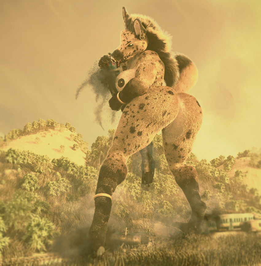 3d_(artwork) anthro big_breasts blender_cycles breasts butt canid canine crush destruction digital_media_(artwork) female hi_res hyaenid macro mammal muscular muscular_female nipples parovozik spotted_hyena tongue train vehicle