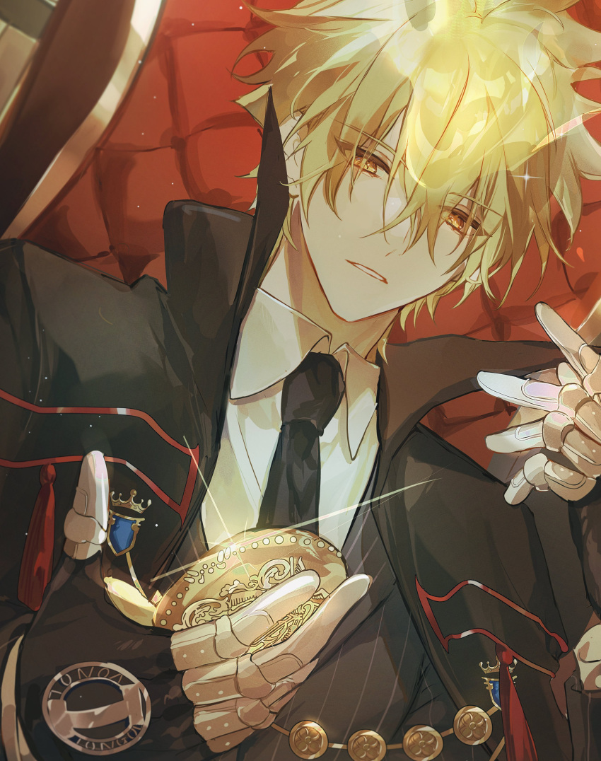 1boy absurdres black_cape black_jacket blonde_hair cape chair collared_cape collared_shirt commentary dutch_angle english_commentary fire formal giotto gloves hair_between_eyes highres holding holding_pocket_watch jacket katekyo_hitman_reborn! looking_at_object male_focus mors_gn necktie pinstripe_jacket pinstripe_pattern pinstripe_suit pocket_watch shirt short_hair solo striped suit tassel upper_body watch white_shirt yellow_eyes