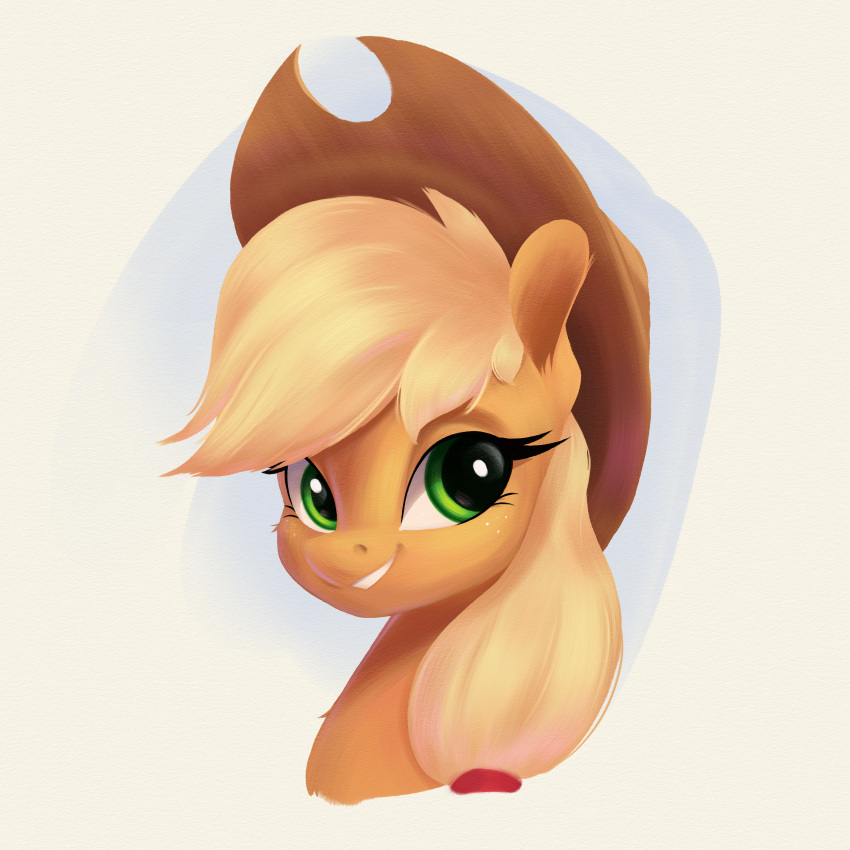 absurd_res applejack_(mlp) aquaticvibes bust_portrait clothing cowboy_hat digital_media_(artwork) earth_pony equid equine eyelashes female feral freckles friendship_is_magic fur gradient_background green_eyes hasbro hat headgear headwear hi_res horse mammal mane my_little_pony orange_body orange_fur pony portrait simple_background smile solo tan_mane