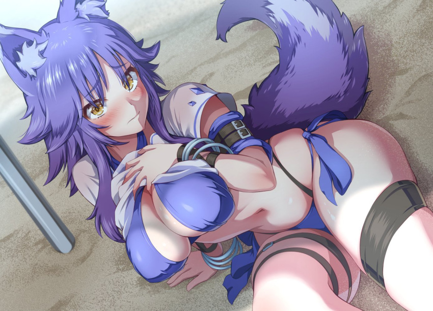 1girl animal_ear_fluff animal_ears arm_strap bangs bikini blush bracelet breasts brown_eyes cleavage closed_mouth clothes_lift criss-cross_halter halterneck hand_on_own_chest jewelry large_breasts looking_at_viewer makoto_(princess_connect!) makoto_(summer)_(princess_connect!) medium_hair navel princess_connect! purple_bikini purple_hair sand shirt shirt_lift short_sleeves sidelocks solo swimsuit tail thigh_strap thighs urayama_(backmountain) wet wet_clothes wet_shirt wolf_ears wolf_girl wolf_tail