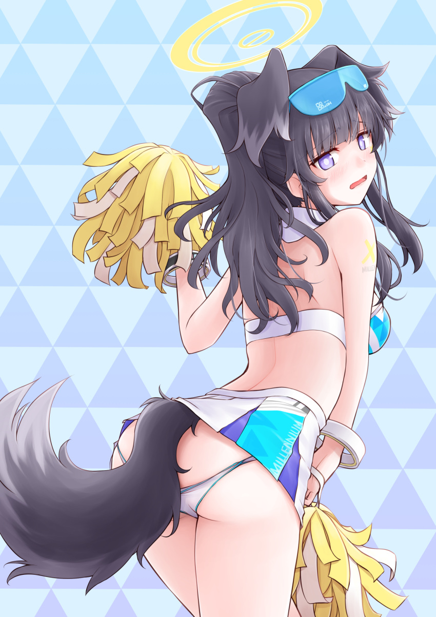 1girl animal_ears ass bangs bare_shoulders bent_over black_hair blue_archive blush breasts cheerleader cowboy_shot extra_ears eyewear_on_head from_behind halo hibiki_(blue_archive) hibiki_(cheerleader)_(blue_archive) highres holding holding_pom_poms long_hair looking_at_viewer medium_breasts meihemu miniskirt open_mouth panties pom_pom_(cheerleading) ponytail skirt sleeveless solo sticker_on_arm sunglasses tail thighs tiles underwear white_panties