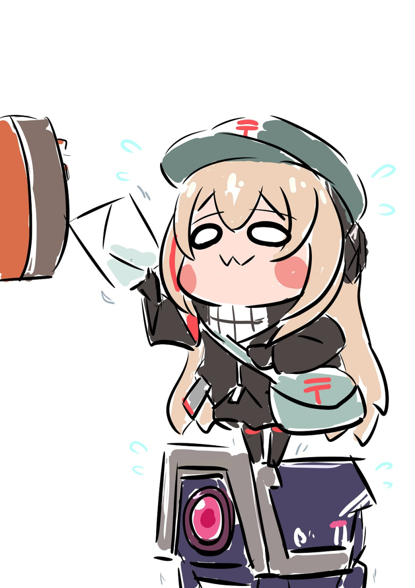 1girl :3 arm_up bangs black_jacket blonde_hair blush_stickers chibi chika_(keiin) commentary_request dinergate_(girls'_frontline) girls'_frontline gloves hair_between_eyes hat headgear highres holding holding_letter jacket letter long_hair long_sleeves looking_ahead m4_sopmod_ii_jr mailbag mailbox_(incoming_mail) multicolored_hair non-humanoid_robot red_hair robot simple_background smile streaked_hair trembling white_background