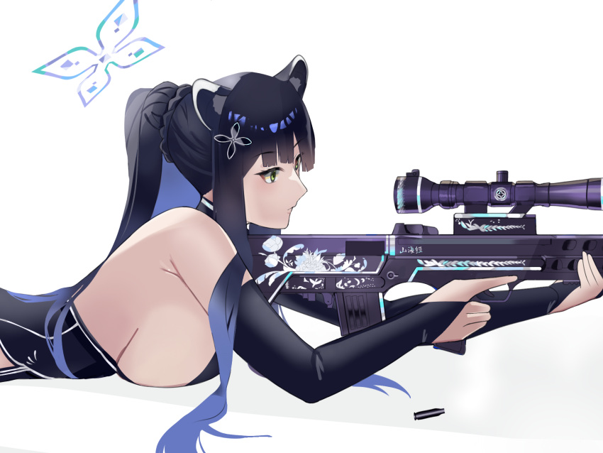 1girl animal_ear_fluff animal_ears bangs black_dress black_hair blue_archive breasts bridal_gauntlets china_dress chinese_clothes closed_mouth dress expressionless floral_print green_eyes gun halo highres holding holding_weapon huge_breasts long_hair looking_through_scope nana24 ponytail qbu-88 rifle shun_(blue_archive) sideboob sidelocks solo tiger_ears upper_body weapon white_background