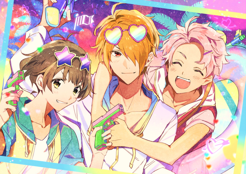 3boys absurdres ahoge akizuki_ryo brown_hair closed_eyes f-lags_(idolmaster) hair_over_one_eye heart heart-shaped_eyewear highres holding holding_water_gun idolmaster idolmaster_side-m iyutani kabuto_daigo long_sleeves multiple_boys open_mouth orange_hair pink_hair short_sleeves smile star-shaped_eyewear sunglasses teeth tsukumo_kazuki upper_body upper_teeth water_gun