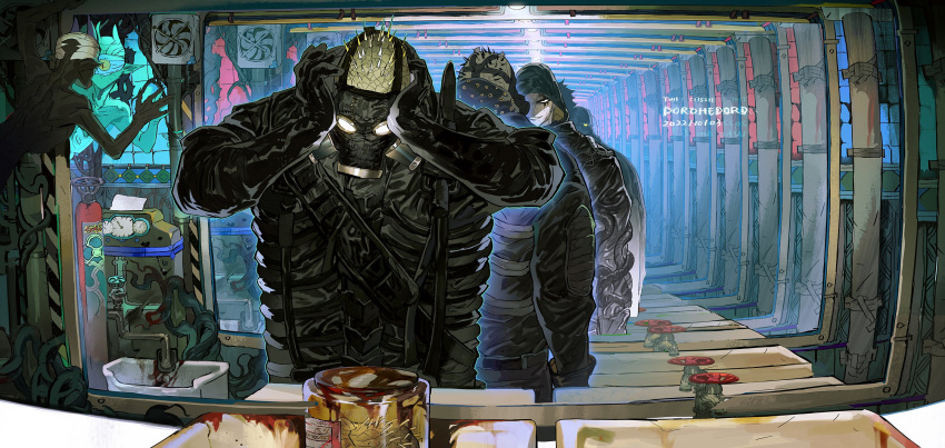1boy aikawa_(dorohedoro) bandages bathroom black_gloves black_jacket black_jumpsuit blood caiman_(dorohedoro) demon different_reflection dorohedoro electric_fan facing_away faucet gloves glowing glowing_eyes grin hands_on_own_head hands_up highres hood hood_up indoors jacket jumpsuit lizardman looking_at_another male_focus multiple_persona nano_(c175311) nude one-eyed overgrown plant reflection removing_mask sink smile solo_focus spikes tube upper_body vines