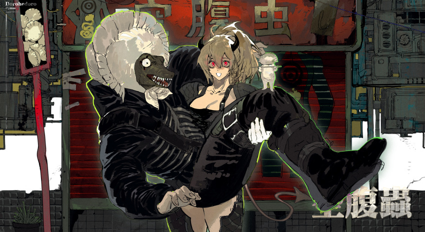 1boy 1girl :d adult_baby apron bangs black_apron black_jumpsuit blonde_hair bonnet breasts caiman_(dorohedoro) carrying chaps cleavage creature day demon_girl demon_horns demon_tail dorohedoro dumpling food gyoza_man highres horns jiaozi jumpsuit light_brown_hair lizardman long_hair nano_(c175311) nikaidou_(dorohedoro) object_head outdoors plant potted_plant princess_carry red_eyes smile spoilers standing storefront surprised tail wide-eyed