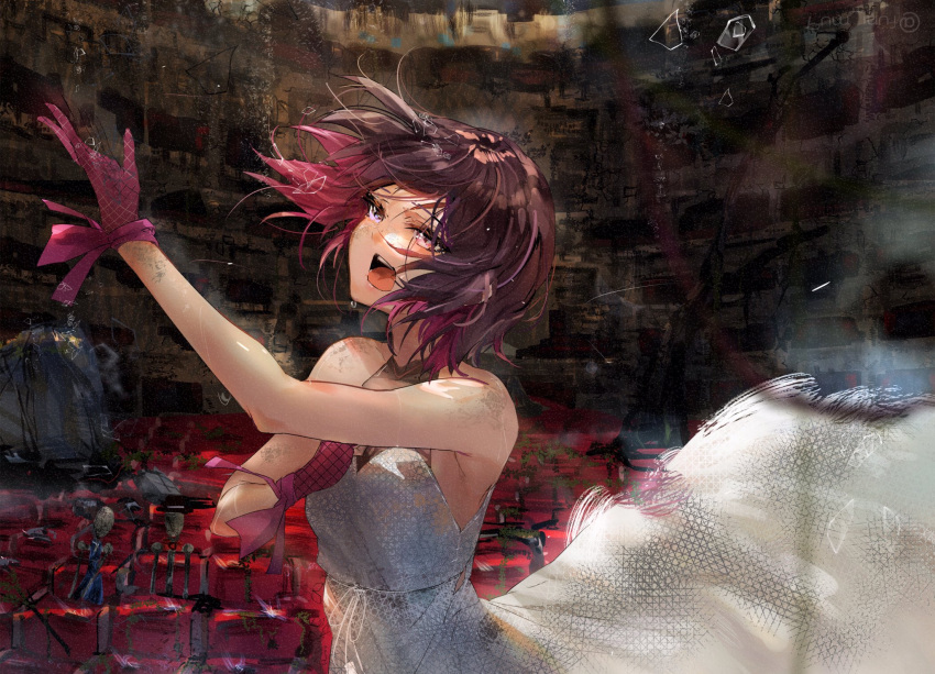 1girl azki_(hololive) black_hair chair commentary_request dress funi_mu9 gloves heterochromia highres hololive music open_mouth pink_hair purple_eyes red_gloves short_hair singing sleeveless sleeveless_dress solo stage theater virtual_youtuber white_dress