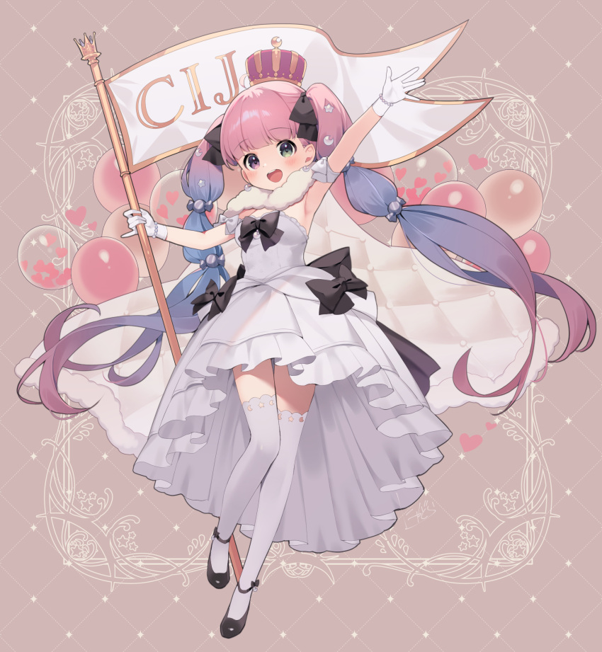 1girl :d arm_up bangs bead_bracelet beads black_bow black_footwear black_ribbon blue_hair blunt_bangs blush bow bracelet crescent crescent_earrings crescent_hair_ornament crown dress earrings flag full_body gloves gradient_hair green_eyes hair_ornament hair_ribbon heterochromia highres himemori_luna holding holding_flag hololive jewelry long_hair looking_at_viewer multicolored_hair nyasunyadoora pink_hair purple_eyes ribbon shoes smile solo star_(symbol) star_hair_ornament strapless strapless_dress thighhighs twintails very_long_hair virtual_youtuber white_dress white_gloves white_thighhighs