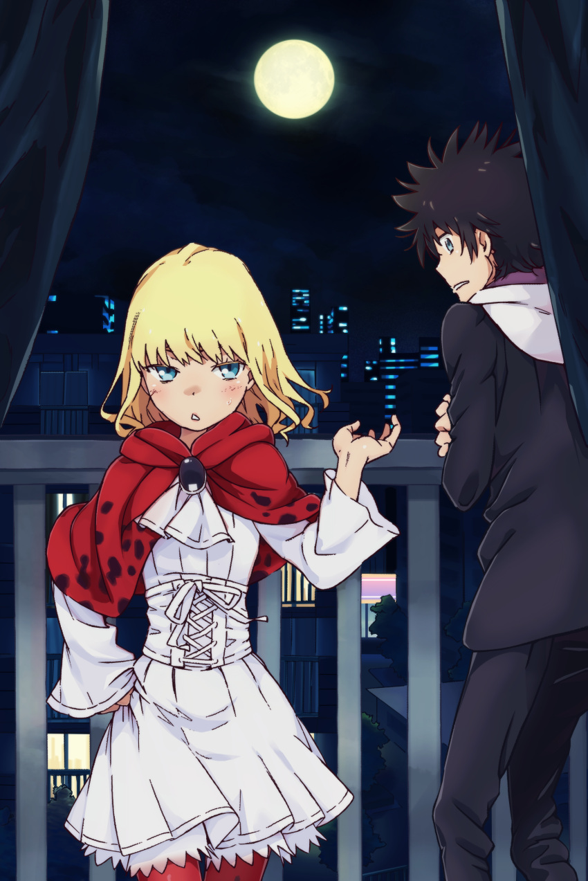 1boy 1girl absurdres black_hair black_jacket black_pants blonde_hair blue_eyes building city city_lights cloud cloudy_sky colorized commentary dress feet_out_of_frame from_behind full_moon gazing_eye haimura_kiyotaka hand_on_hip hand_up highres jacket kamijou_touma leivinia_birdway light_blush long_sleeves looking_at_another medium_hair moon night night_sky novel_illustration official_art outdoors pants parted_lips red_thighhighs short_dress short_hair sky slit_pupils spiked_hair spoilers standing sweatdrop teeth thighhighs toaru_majutsu_no_index toaru_majutsu_no_index:_new_testament tree white_dress white_hood