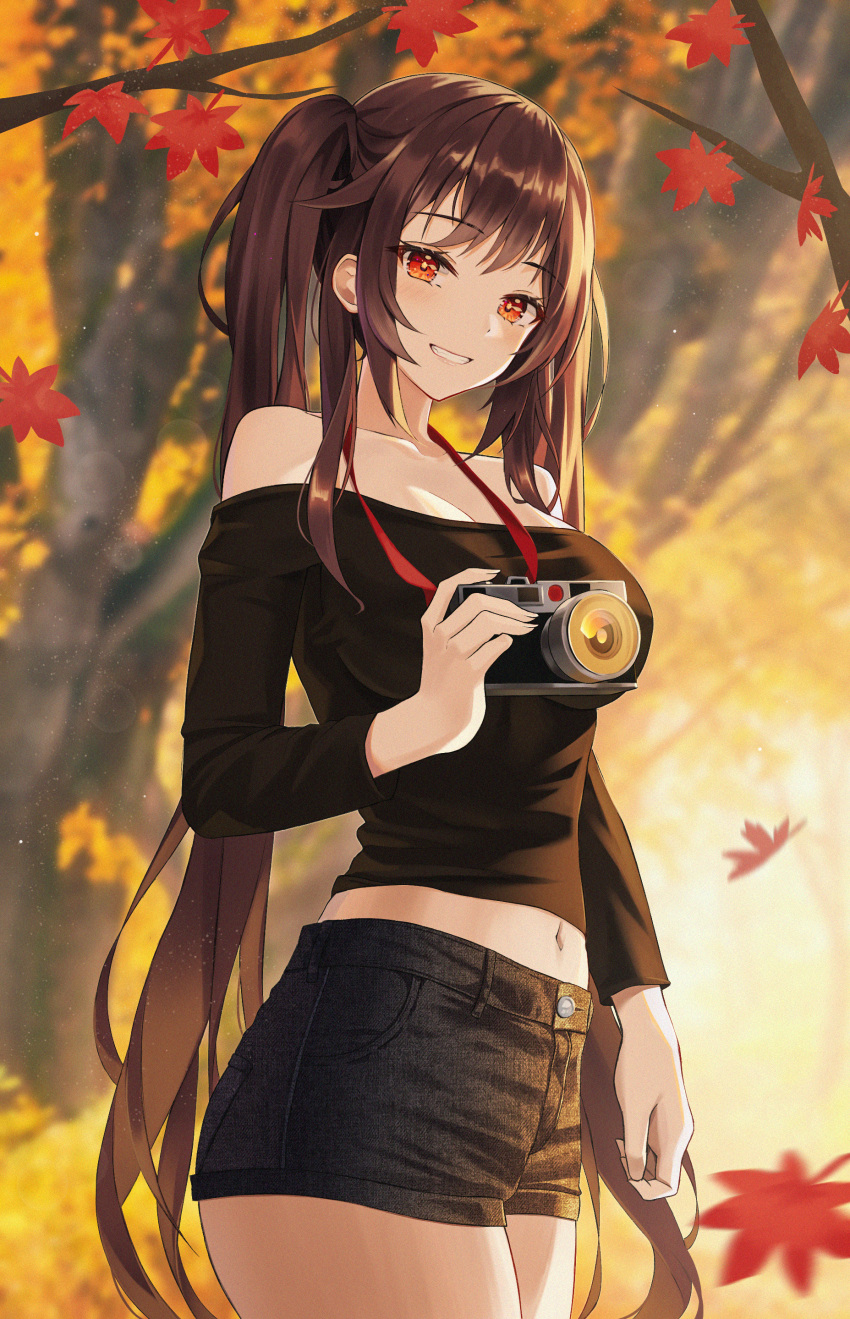 1girl absurdres alternate_costume ass autumn autumn_leaves bare_shoulders black_shirt blurry breasts brown_hair camera casual cleavage commentary_request contemporary cowboy_shot depth_of_field falling_leaves flower-shaped_pupils genshin_impact highres holding holding_camera hu_tao_(genshin_impact) hyonee leaf lens_flare lens_flare_abuse long_hair long_sleeves looking_at_viewer maple_leaf medium_breasts midriff navel off-shoulder_shirt off_shoulder red_eyes shirt short_shorts shorts smile solo symbol-shaped_pupils thighs twintails