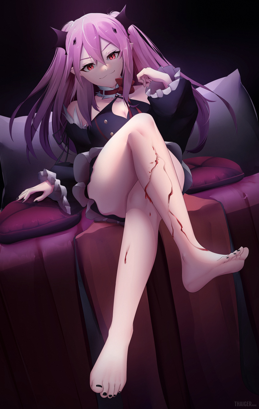 1girl :3 absurdres artist_name bangs bare_legs barefoot black_nails black_sleeves breasts cleavage closed_mouth crossed_legs detached_sleeves floating_hair frilled_sleeves frills full_body hair_between_eyes highres krul_tepes long_hair long_sleeves miniskirt nail_polish owari_no_seraph pink_hair pointy_ears red_eyes shiny shiny_hair sitting skirt slit_pupils small_breasts soles solo thaigermane toenail_polish toenails twintails very_long_hair white_skirt