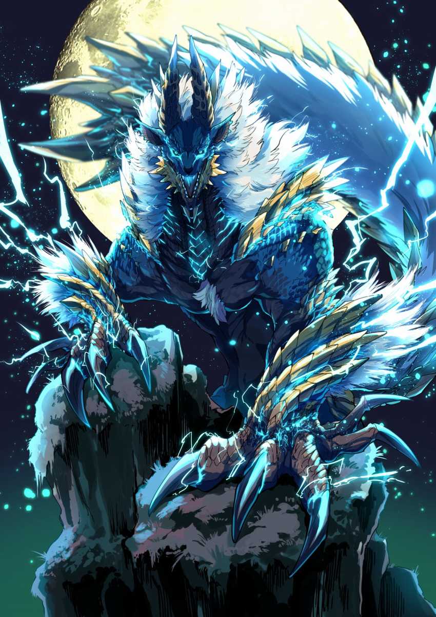 claws electricity full_moon highres looking_at_viewer mane monster monster_hunter_(series) monster_hunter_portable_3rd moon moonlight night night_sky sky takatsuki_nato wolf zinogre