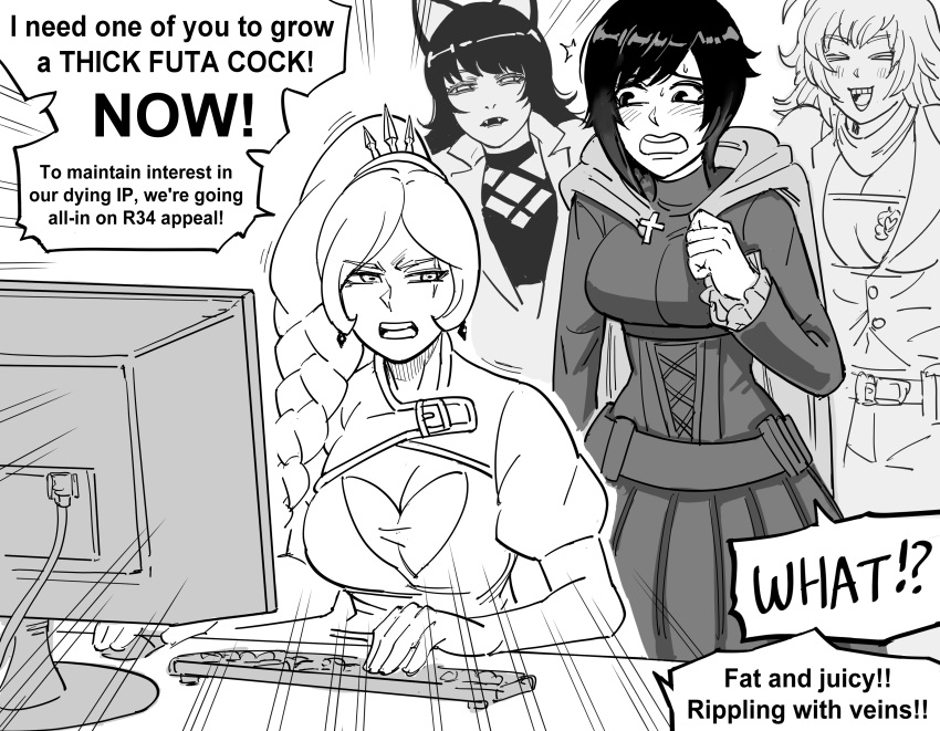 4girls absurdres animal_ears bangs bb_(baalbuddy) blake_belladonna blush braid braided_ponytail cat_ears computer english_text greyscale highres keyboard_(computer) monitor monochrome multiple_girls pleated_skirt ruby_rose rwby side_ponytail simple_background sitting skirt speech_bubble swept_bangs table weiss_schnee white_background yang_xiao_long