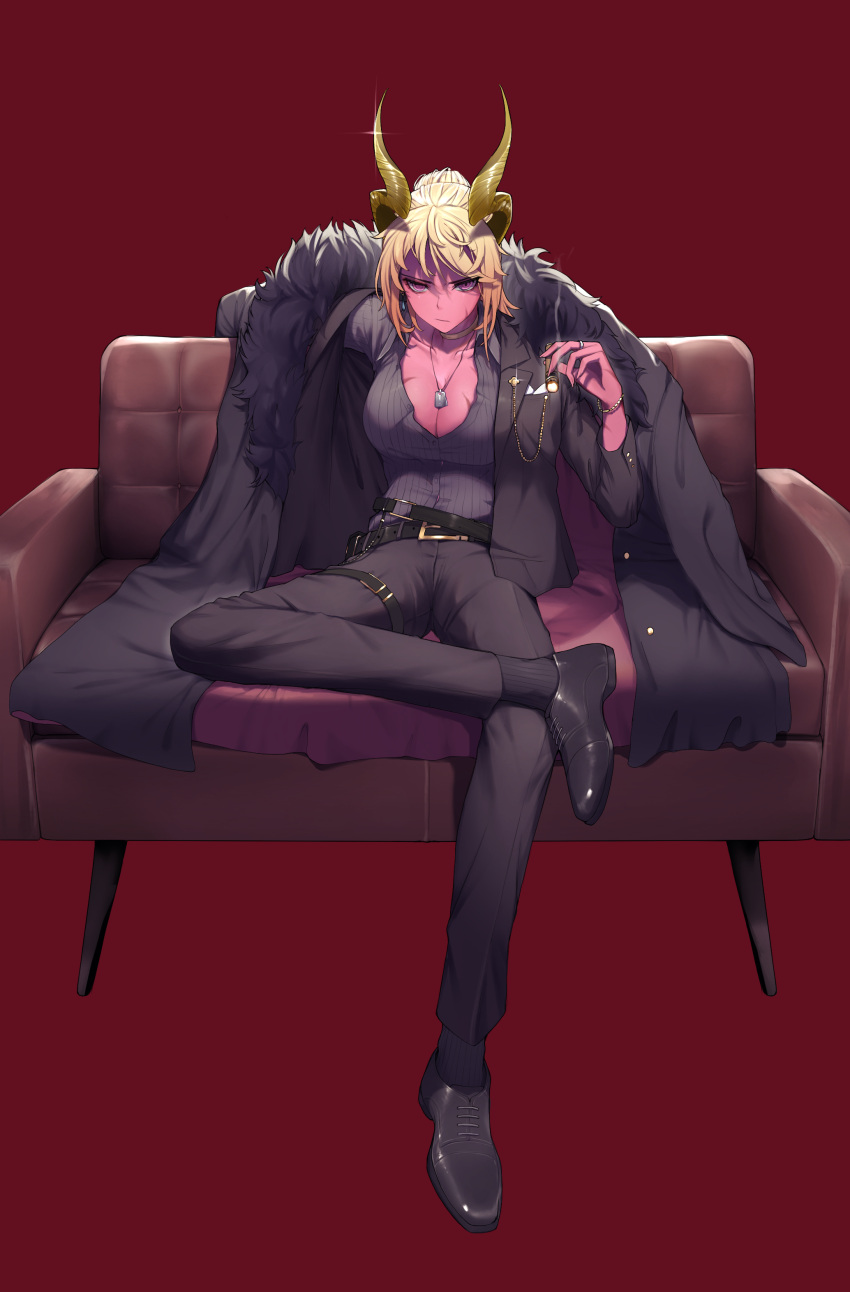 1girl absurdres alternate_costume belt black_coat black_footwear black_pants black_shirt blonde_hair breasts cigarette cleavage coat collar colored_skin couch dark_magician_beth demon_girl earrings fun_shalam guardian_tales highres holding holding_cigarette horns jacket jewelry large_breasts looking_at_viewer medium_hair necklace open_clothes open_shirt pants purple_skin scar shirt sitting solo