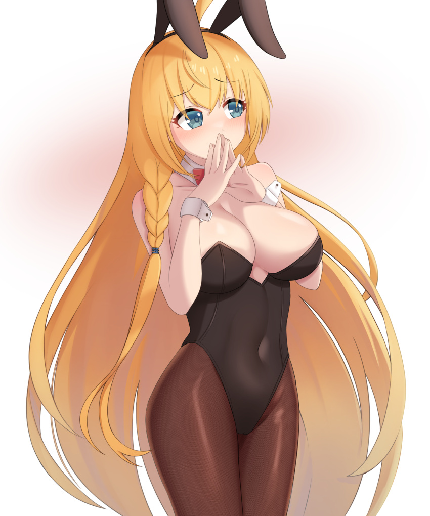1girl ahoge alternate_costume animal_ears baek_hyang'geum bangs black_leotard black_pantyhose blue_eyes bow bowtie breasts commentary covered_navel cowboy_shot detached_collar highres large_breasts leotard long_hair orange_hair pantyhose pecorine_(princess_connect!) playboy_bunny princess_connect! rabbit_ears red_bow red_bowtie simple_background solo steepled_fingers strapless strapless_leotard white_background wrist_cuffs