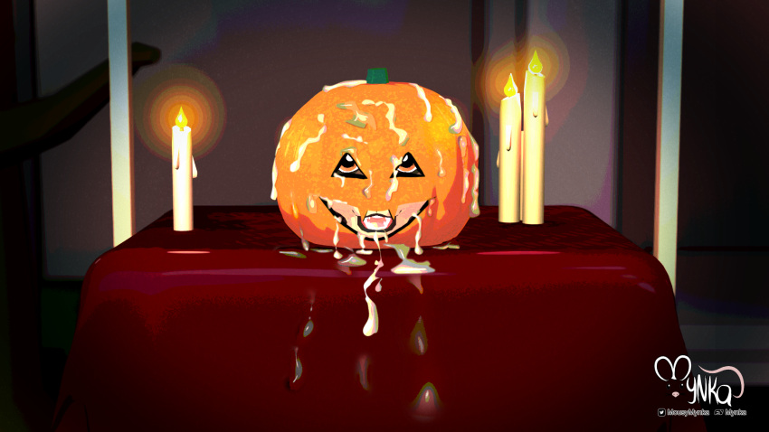 16:9 3d_(artwork) after_orgasm ambiguous_gender ambiguous_species anthro bodily_fluids candle close-up cum cum_covered cum_drip cum_in_mouth cum_inside cum_on_face cum_on_object cum_on_table cum_stain cum_stains cum_string cumshot digital_media_(artwork) dripping ejaculation excessive_cum excessive_genital_fluids food front_view fruit genital_fluids halloween hi_res holidays jack-o'-lantern kai_(mynka) looking_at_viewer messy mynka open_mouth plant pumpkin widescreen