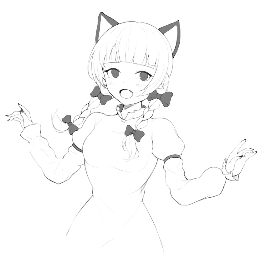 1girl :d absurdres animal_ears black_nails bow braid cat_ears dobostorte dress fingernails hair_bow highres juliet_sleeves kaenbyou_rin long_sleeves monochrome nail_polish open_mouth puffy_sleeves simple_background smile solo touhou