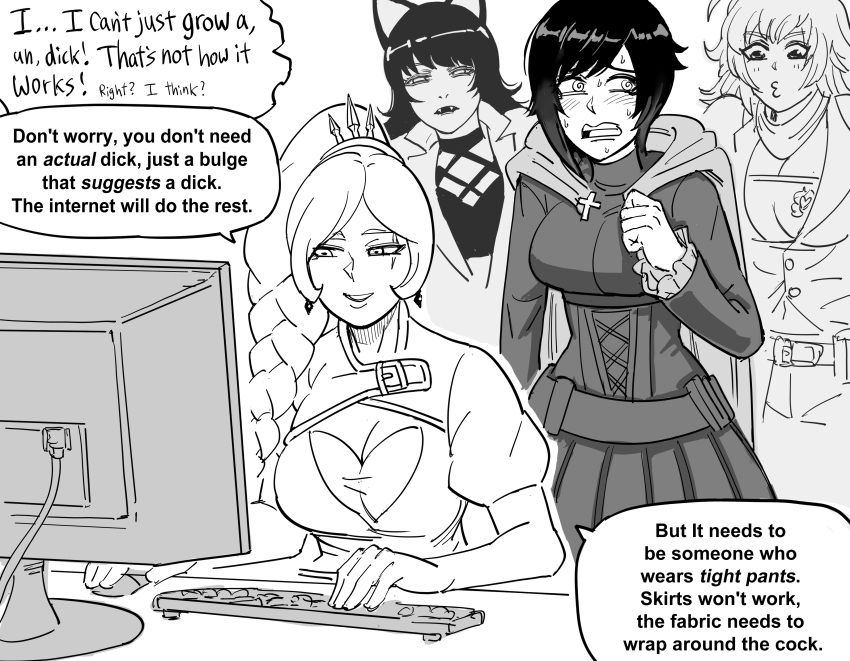 4girls absurdres animal_ears bangs bb_(baalbuddy) blake_belladonna blush braid braided_ponytail cat_ears computer english_text greyscale highres keyboard_(computer) monitor monochrome multiple_girls pleated_skirt ruby_rose rwby side_ponytail simple_background sitting skirt speech_bubble swept_bangs table weiss_schnee white_background yang_xiao_long