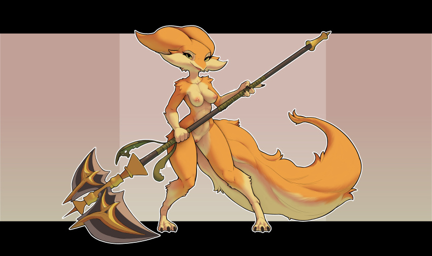 2022 absurd_res alternate_version_at_source anthro areola bdmon biped breasts female fur furred_kobold genitals hi_res holding_object holding_weapon kobold nipples nude orange_body orange_fur pussy solo standing tisha_(bdmon) weapon