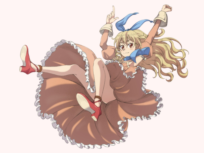 1girl arms_up ascot blonde_hair blue_ascot blue_ribbon brown_eyes closed_mouth detached_sleeves dress drill_hair full_body hair_ribbon hairband high_heels highres index_finger_raised jane_maxwell kaien_advance legs long_hair looking_at_viewer orange_dress orange_sleeves ribbon simple_background smile solo white_background wild_arms wild_arms_1