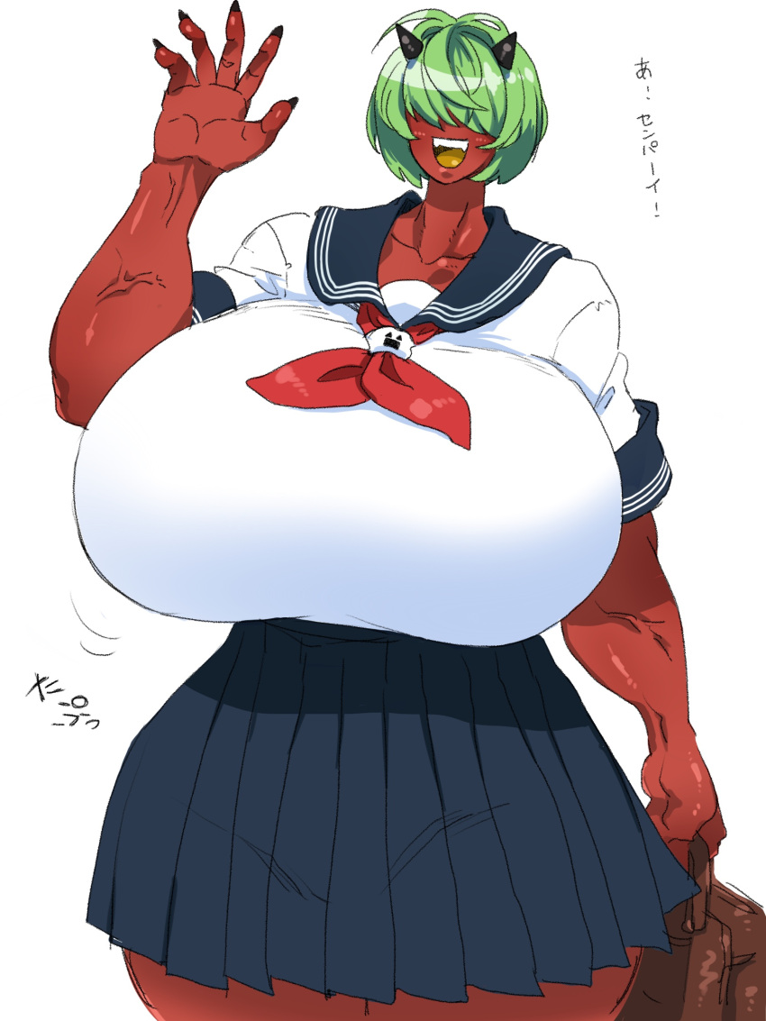 3:4 big_breasts bottomwear breasts clothing female green_hair hair hair_over_eyes hi_res horn horned_humanoid huge_breasts humanoid hyper hyper_breasts not_furry red_body red_skin school_uniform skirt solo thick_thighs uniform waranka