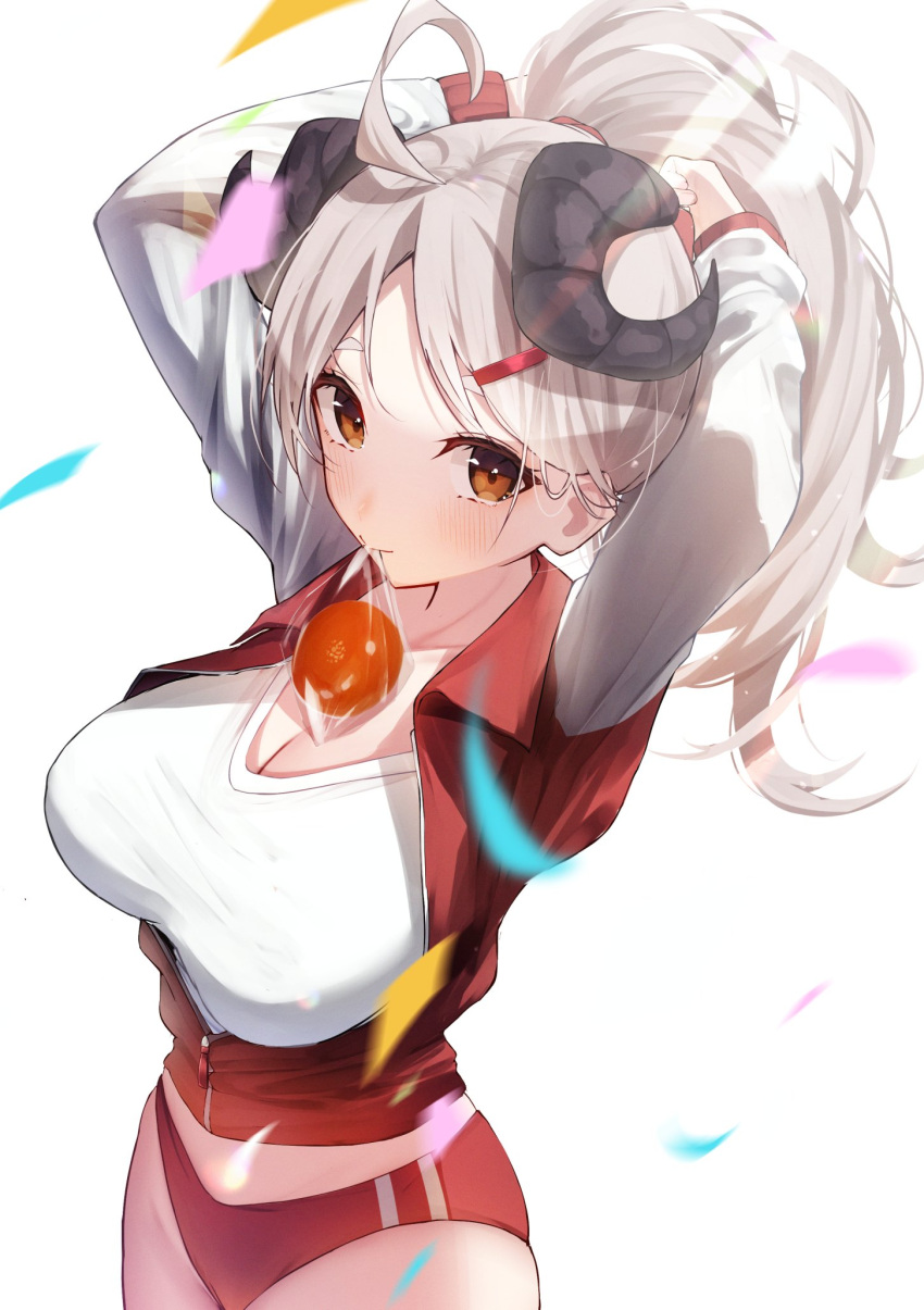 1girl ahoge arms_behind_head blue_archive bread bread_eating_race breasts brown_eyes buruma cleavage closed_mouth collarbone cowboy_shot curled_horns food from_above hair_behind_ear hair_ornament hairclip highres horns izumi_(blue_archive) jacket large_breasts light_blush light_brown_hair long_sleeves looking_at_viewer mouth_hold nidaime_(doronbo) open_clothes open_jacket playing_sports ponytail red_buruma red_track_suit shirt simple_background solo track_jacket tying_hair white_background white_shirt