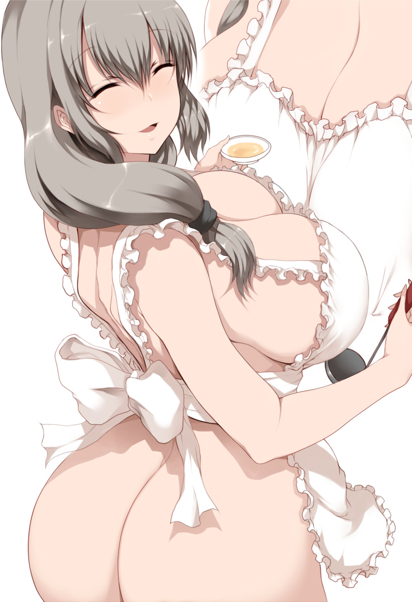 1girl absurdres apron ass back bangs breasts brown_hair cleavage closed_eyes commentary_request hair_between_eyes highres holding holding_ladle huge_breasts ladle multiple_views naked_apron open_mouth shoulder_blades sideboob simple_background smile tsukasawa_takamatsu uzaki-chan_wa_asobitai! uzaki_tsuki white_apron white_background