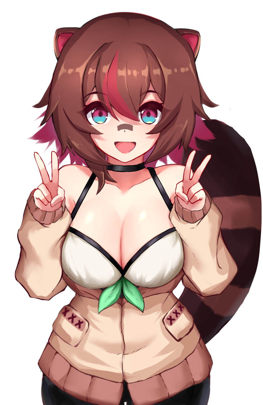 1girl :d absurdres animal_ears bandaid bandaid_on_face bandaid_on_nose bare_shoulders black_choker black_shorts blue_eyes bow breasts brown_hair brown_jacket choker cleavage collarbone colored_inner_hair colored_tips cowboy_shot double_v green_bow hair_between_eyes hands_up highres jacket large_breasts long_sleeves looking_at_viewer multicolored_eyes multicolored_hair off_shoulder open_mouth owozu raccoon_ears raccoon_girl raccoon_tail rakkun_sutaru red_eyes red_hair shirt short_hair shorts simple_background slash-ex sleeveless sleeveless_shirt smile solo tail two-tone_hair v virtual_youtuber white_background white_shirt