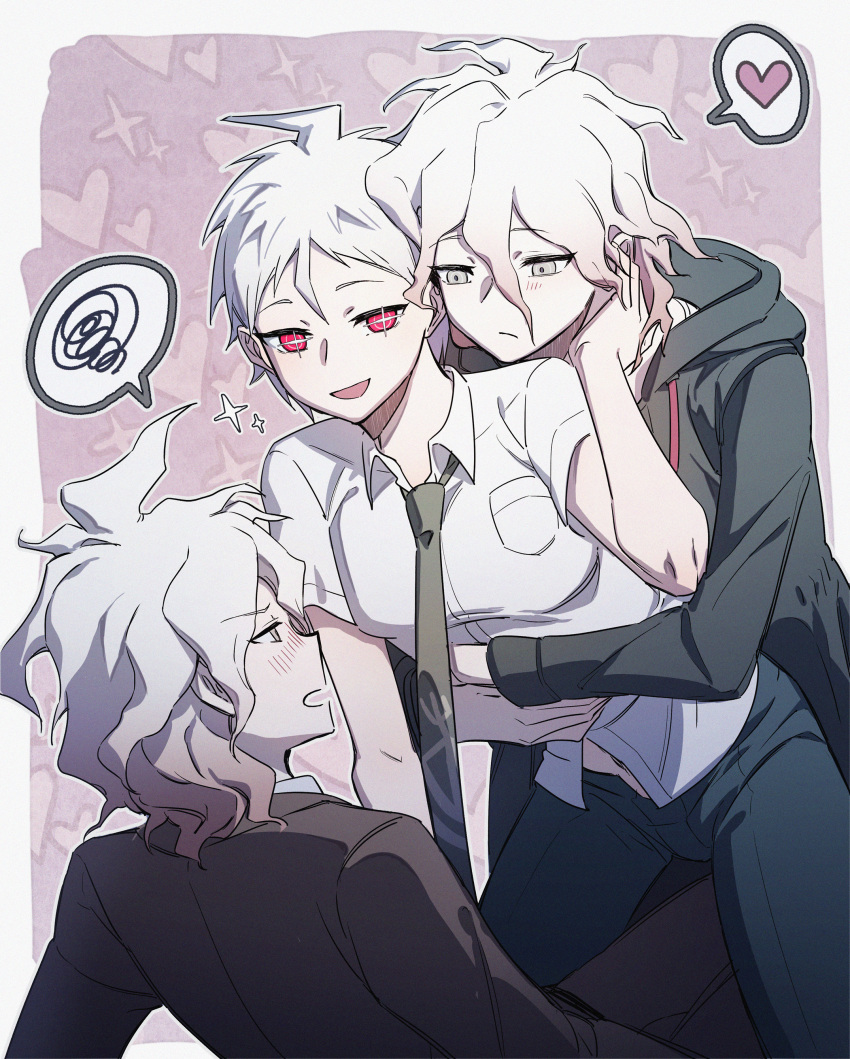 3boys :d absurdres bangs black_pants blush brown_jacket danganronpa_(series) danganronpa_2:_goodbye_despair danganronpa_3_(anime) dual_persona green_jacket hair_between_eyes heart highres hinata_hajime hinata_hajime_(awakened) hug hug_from_behind jacket komaeda_nagito looking_at_another male_focus messy_hair multiple_boys open_clothes open_jacket open_mouth pants red_eyes shirt short_hair smile spoken_heart white_hair yaoi ziling