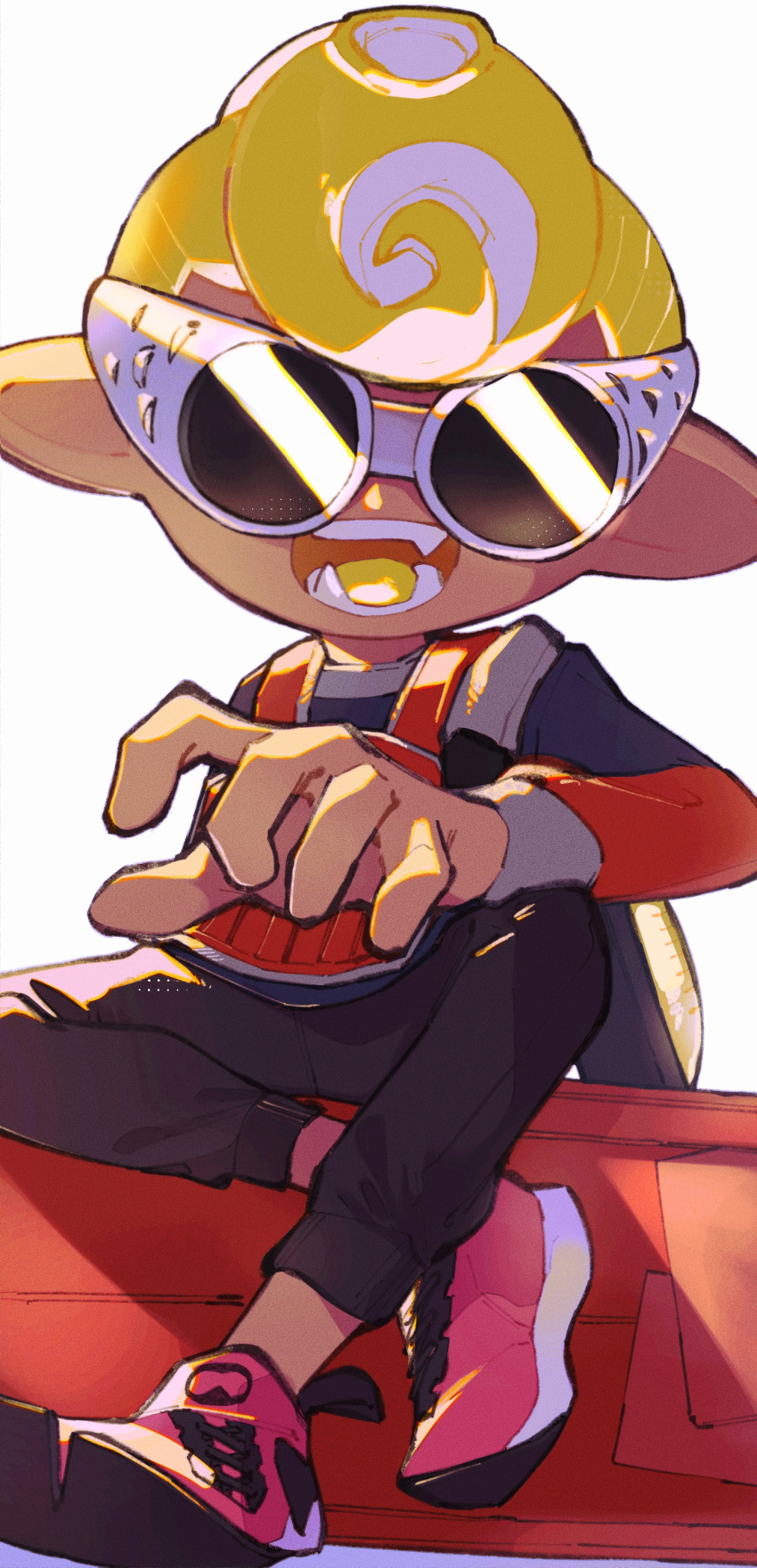1other :d absurdres black_pants blonde_hair colored_tongue goggles highres inari1369 ink_tank_(splatoon) long_sleeves octarian octoling open_clothes pants pink_footwear pompadour shoes short_hair simple_background sitting smile solo splatoon_(series) splatoon_3 suction_cups sweatpants teeth tentacle_hair tinted_eyewear white-framed_eyewear white_background yellow_tongue