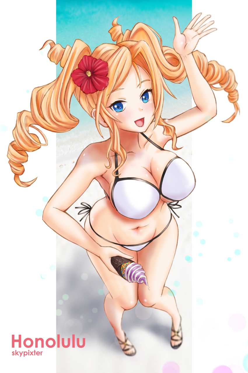 1girl absurdres bikini blonde_hair blue_eyes breasts cleavage commentary_request drill_hair food from_above front-tie_bikini_top front-tie_top highres honolulu_(kancolle) ice_cream kantai_collection large_breasts long_hair looking_at_viewer official_alternate_costume sandals side-tie_bikini_bottom skypixter solo swimsuit twin_drills twintails waving white_bikini