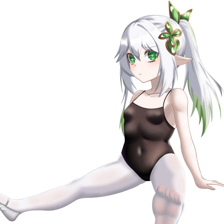 1girl absurdres athletic_leotard ballet_slippers black_leotard breasts commentary covered_navel eclipse_(njnr3787) expressionless feet genshin_impact green_eyes grey_hair hair_ornament highres leotard long_hair nahida_(genshin_impact) pantyhose pointy_ears ponytail simple_background single_slipper sitting slippers small_breasts soles solo spread_legs thighs toes white_background white_pantyhose
