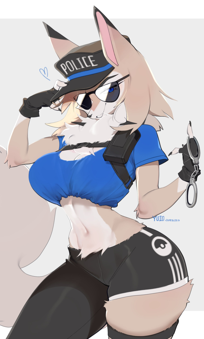 absurd_res anthro big_breasts blue_eyes breasts canid canine claws eyewear female fur generation_7_pokemon glasses hi_res lycanroc mammal midday_lycanroc nintendo pokemon pokemon_(species) police_hat police_officer video_games white_body white_fur yuio