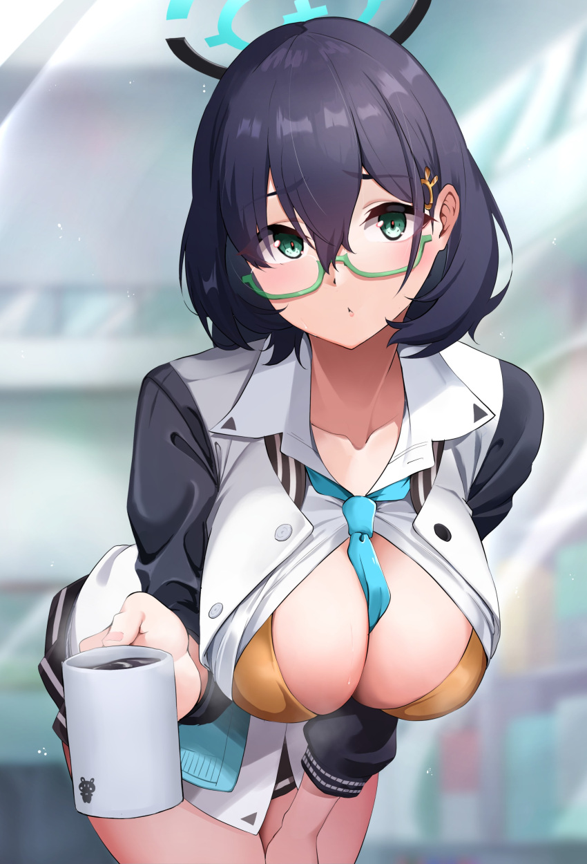 1girl absurdres bangs bent_over between_breasts black_hair black_jacket black_skirt blue_archive blue_cardigan blue_necktie blurry blurry_background bra breasts cardigan chihiro_(blue_archive) collared_shirt cup eyes_visible_through_hair glasses green-framed_eyewear green_eyes hair_between_eyes hair_ornament halo highres holding holding_cup jacket large_breasts long_sleeves looking_at_viewer miniskirt multicolored_clothes multicolored_jacket necktie necktie_between_breasts open_clothes open_jacket open_shirt pleated_skirt rabbit_hair_ornament semi-rimless_eyewear sezok shirt short_hair skirt solo standing two-tone_jacket under-rim_eyewear underwear white_jacket white_shirt yellow_bra