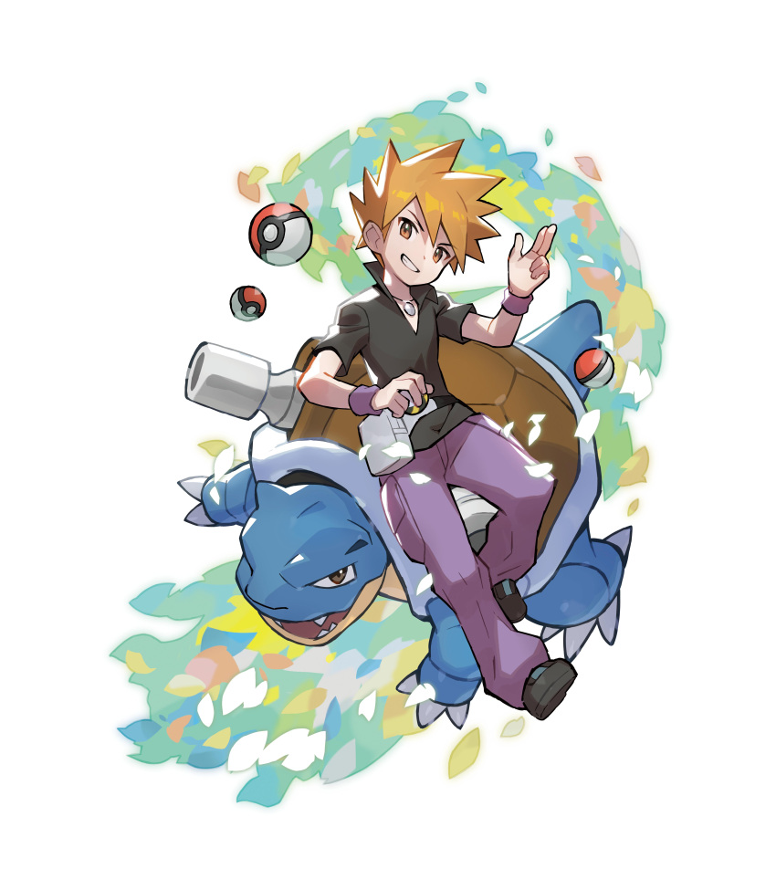 1boy absurdres black_footwear black_shirt blastoise blue_oak brown_eyes brown_hair collared_shirt commentary fanny_pack grey_bag grin highres holding holding_poke_ball jewelry male_focus necklace official_art pants poke_ball poke_ball_(basic) pokemon pokemon_(creature) pokemon_(game) pokemon_frlg purple_pants shirt shoes short_hair smile spiked_hair symbol-only_commentary teeth ultra_ball wristband