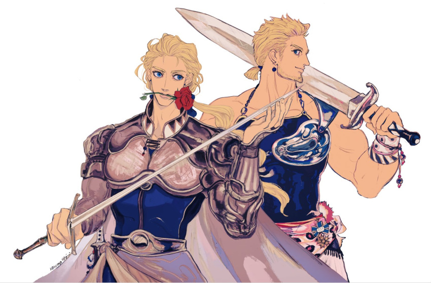 2boys amano_yoshitaka_(style) armor blonde_hair blue_eyes blue_tank_top brothers cape edgar_roni_figaro final_fantasy final_fantasy_vi flower flower_on_mouth greatsword holding holding_sword holding_weapon long_hair low_ponytail mash_rene_figaro medal multiple_boys muscular muscular_male oju_(ouka) ponytail red_flower red_rose rose sash short_hair siblings square_enix sword tank_top weapon