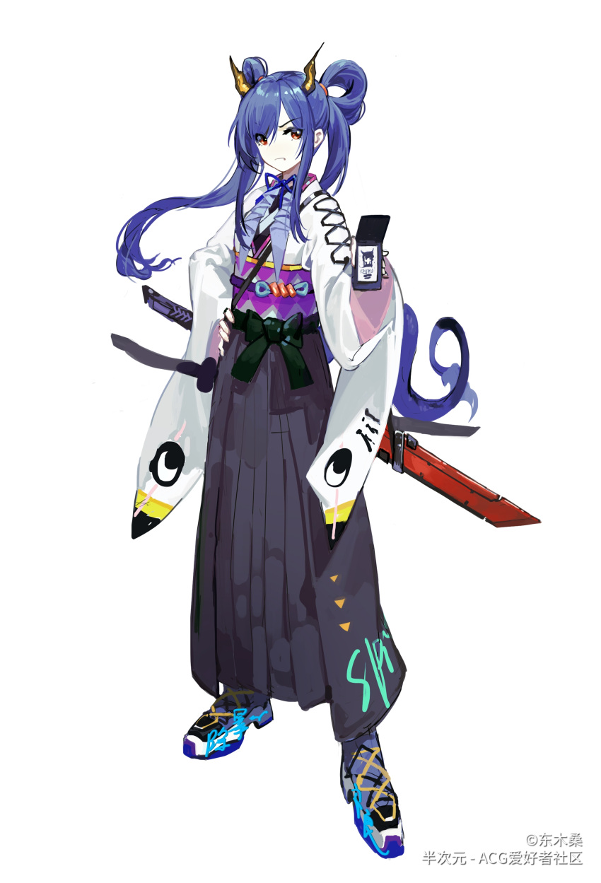 1girl absurdres alternate_costume arknights black_skirt blue_footwear blue_hair blue_ribbon bow ch'en_(arknights) copyright dong_muxing dragon_horns floating_hair full_body green_bow hair_rings hakama hakama_skirt hand_on_hip highres horns id_card japanese_clothes kimono long_hair long_sleeves looking_at_viewer neck_ribbon obi pleated_skirt red_eyes ribbon sash sheath shoes sidelocks simple_background skirt solo sword v-shaped_eyebrows waist_bow weapon white_background white_kimono wide_sleeves